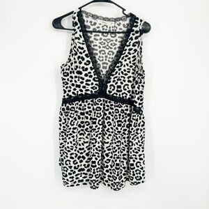 Andree by Unit Black & White Leopard Print Babydoll y2k Lace Trim Tank‎ Size L